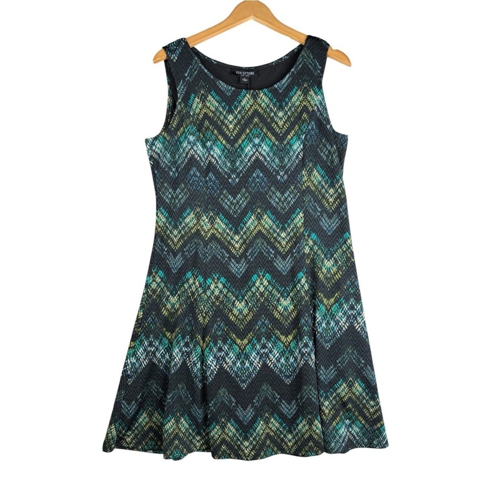 Perceptions Chevron Zigzag Sleeveless A-line Mini Dress size Large Black/Green